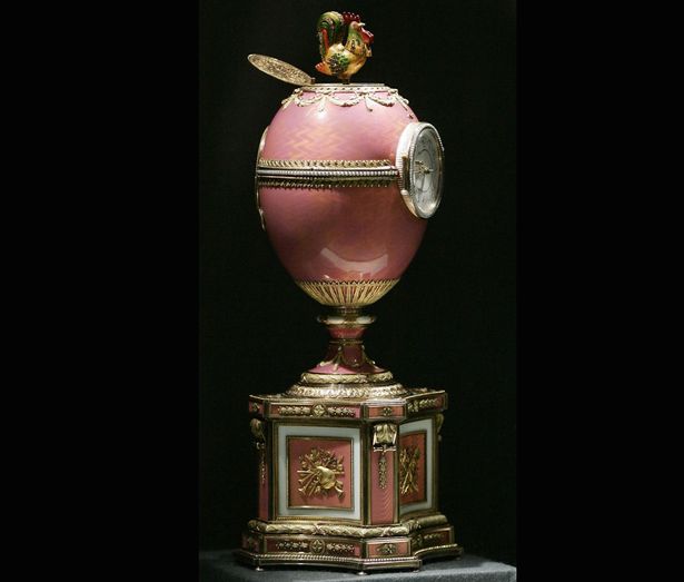 The gold-and-pink enamel egg was made by the Russian royal family as an engagement gift for French aristocrat Baron Edouard de Rothschild.